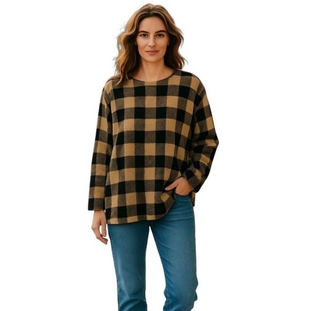 J. Jill Long Sleeve Buffalo‎ Check Plaid Hi-Low Tunic Top Black/Camel Size L